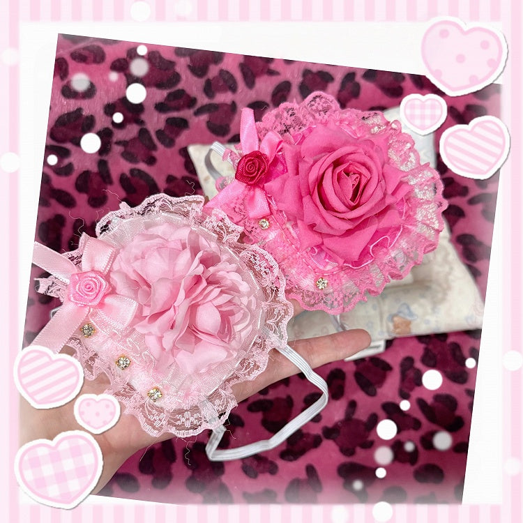 / with Pink Dark Light Gemstone Single-Eye Bow Patch Lace Rose and