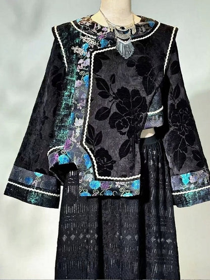 Chinese Style Long Bell Sleeve Top with Floral Embroidery - sijinstudio