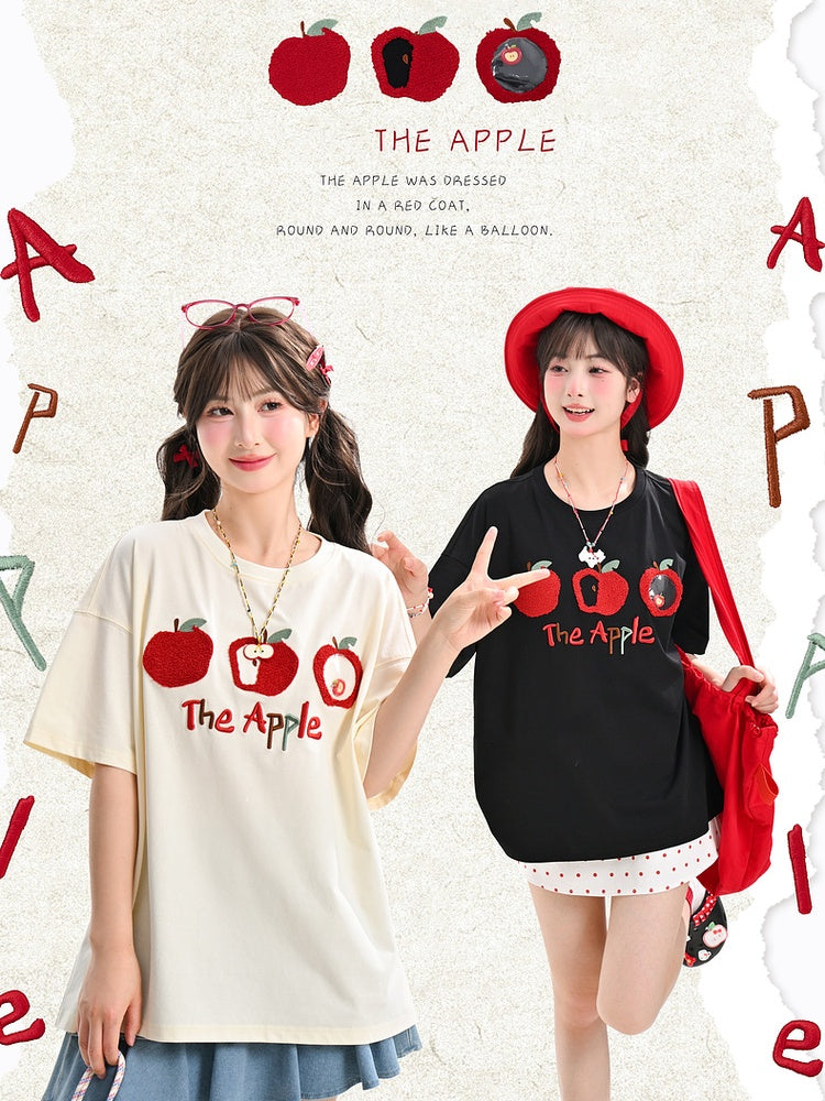 T-Shirt Apricot/Schwarz Rundhals Apfel Stickerei Locker