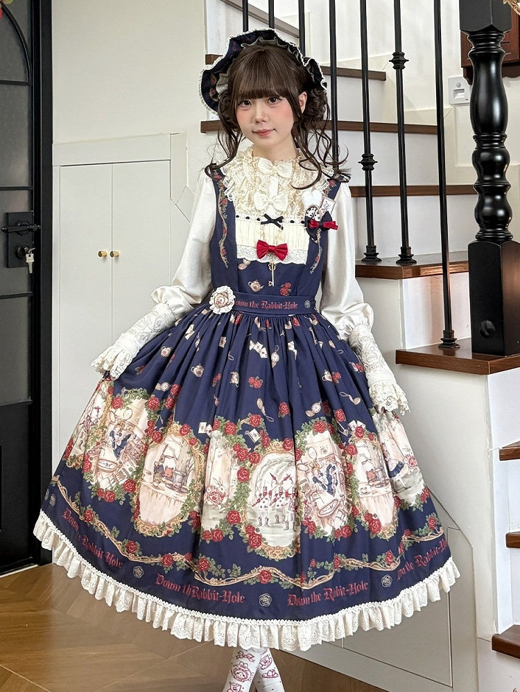Wonderland Alice Floral Print Dark Blue Lolita JSK Lace - Stars Fall on the Foggy Island