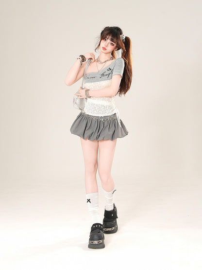 レースアップ アシンメトリーネックライン コントラストレースパッチ サイドグレー Tシャツ