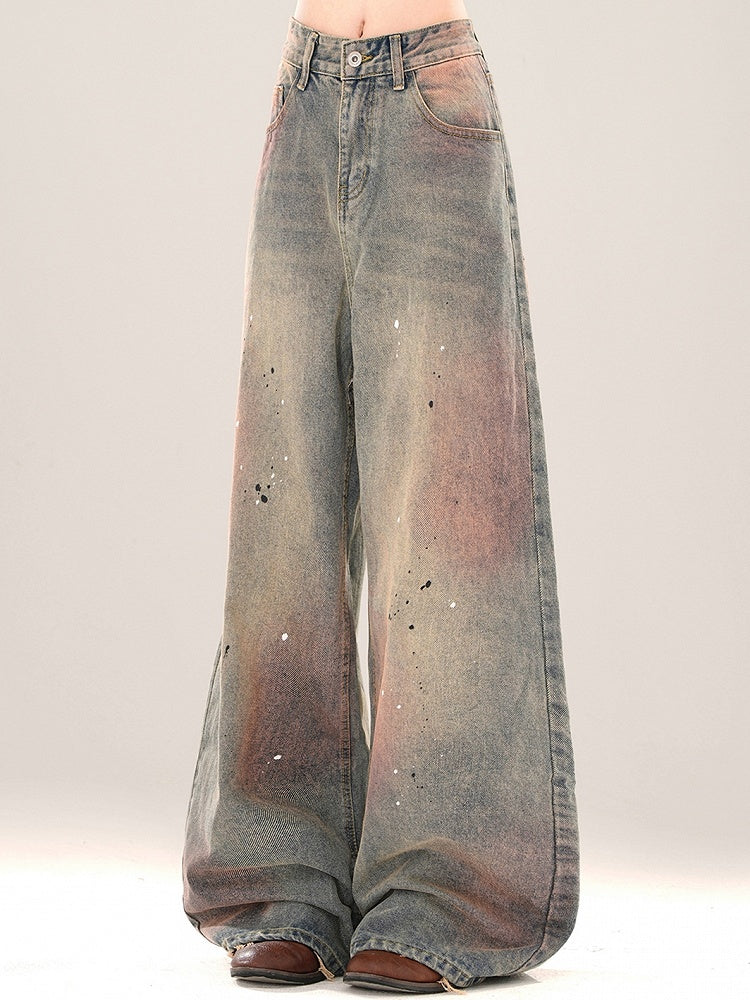 Splash Ink Details Pink Weites Bein Blau Verblasst Jeans Schnitt Waschung und