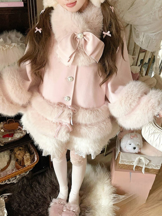 Bow Fur-Trimmed Pink Fleece With Accents Faux Cloak