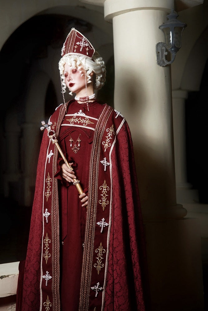 Cross Decorated Details Lolita Cloak and Wine Embroidery Red Nun