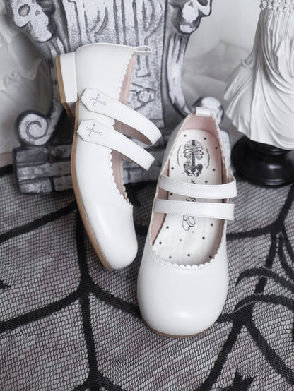 Round Cross White Flats Velcro Gothic Embroidery Toe Strap Closures