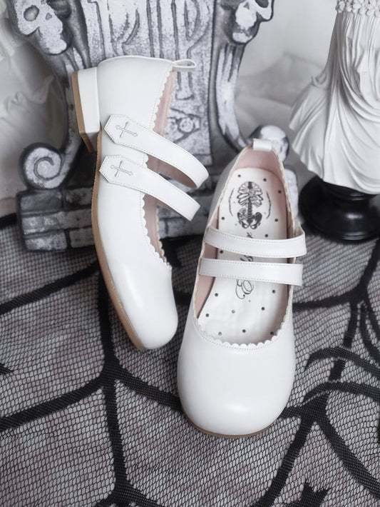 Round Cross White Flats Velcro Gothic Embroidery Toe Strap Closures