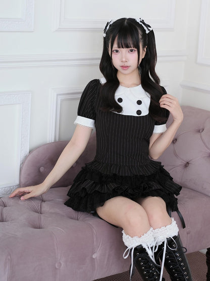 Black Striped Two-piece Set - Peter Pan Collar Top + Lace Ruffle Tiered Skirt - Jirai-Kei - No Genki