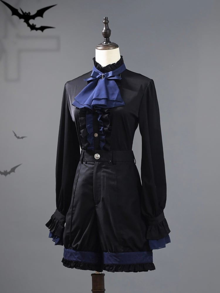 Schwarzes und dunkelblaues Ouji Lolita Fashion Prince Shirt mit Jabot