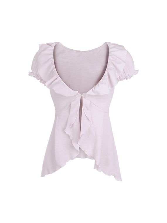 Dreamy Purple Cardigan - Romantic Short Puff Sleeve & Ruffled Collar