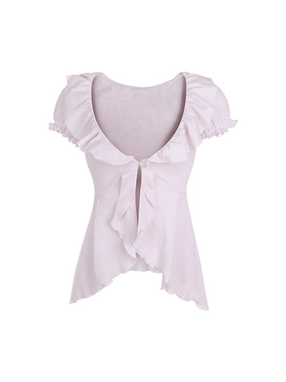 Dreamy Purple Cardigan - Romantic Short Puff Sleeve & Ruffled Collar