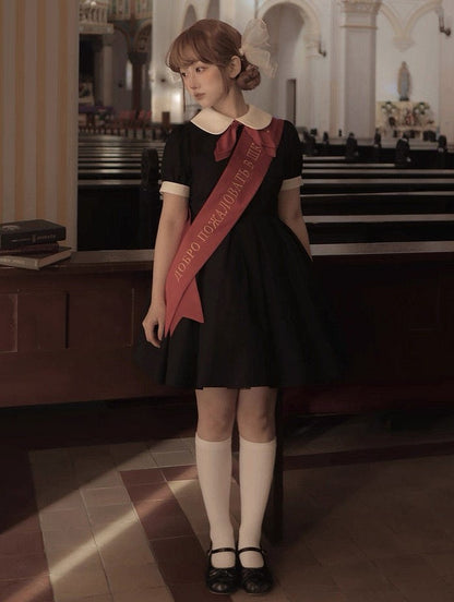 Black Collar Sleeves with Dress Lolita Red Short White Bow Pleated Tie and Maid