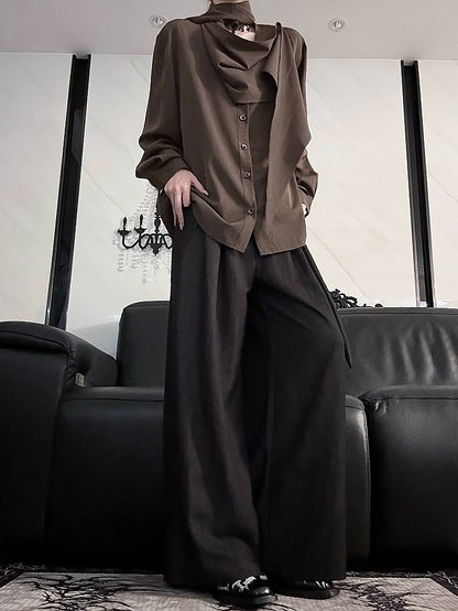 Brown Scarf Shirt Lolita Long Neckline Sleeve
