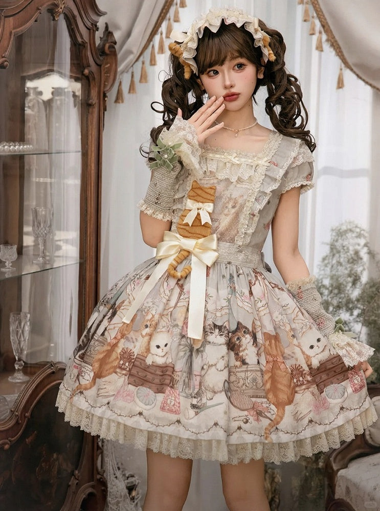 Green Cat Print Square Neckline Sweet Lolita JSK Dress with Plush Cat Patch - NyaNya