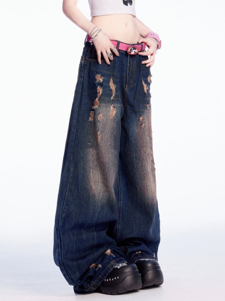 Dunkelblaue Vintage-Jeans mit weitem Bein und Distressed-Löchern