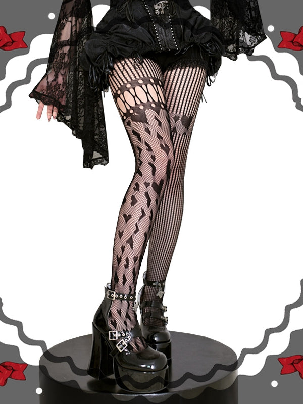 ブラック/レッド/ホワイトハート柄アシンメトリーフィッシュネットタイツ