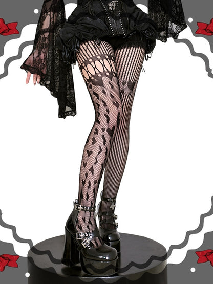ブラック/レッド/ホワイトハート柄アシンメトリーフィッシュネットタイツ
