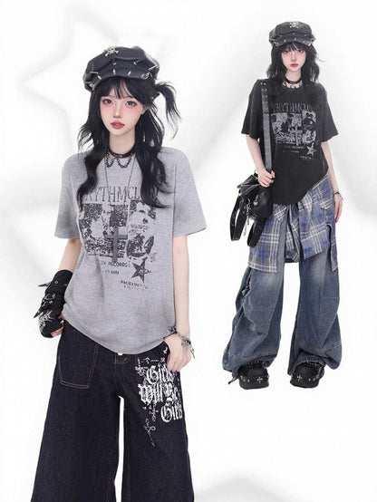 Black Portrait Print Waffle Tee - KNOW8 Online Shop