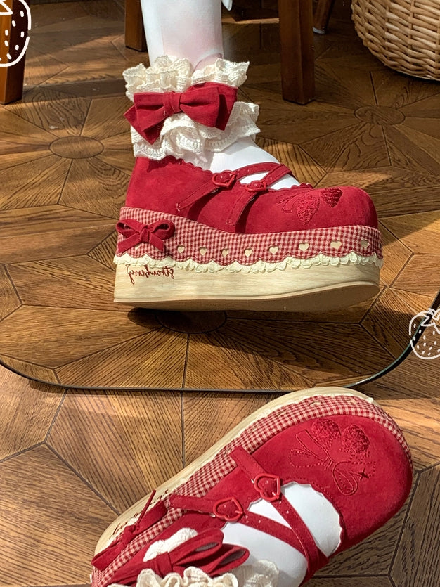 Ankle Closures Strap Lace Trimmed Platforms Lolita at Sweet Red Strawberry Velcro -