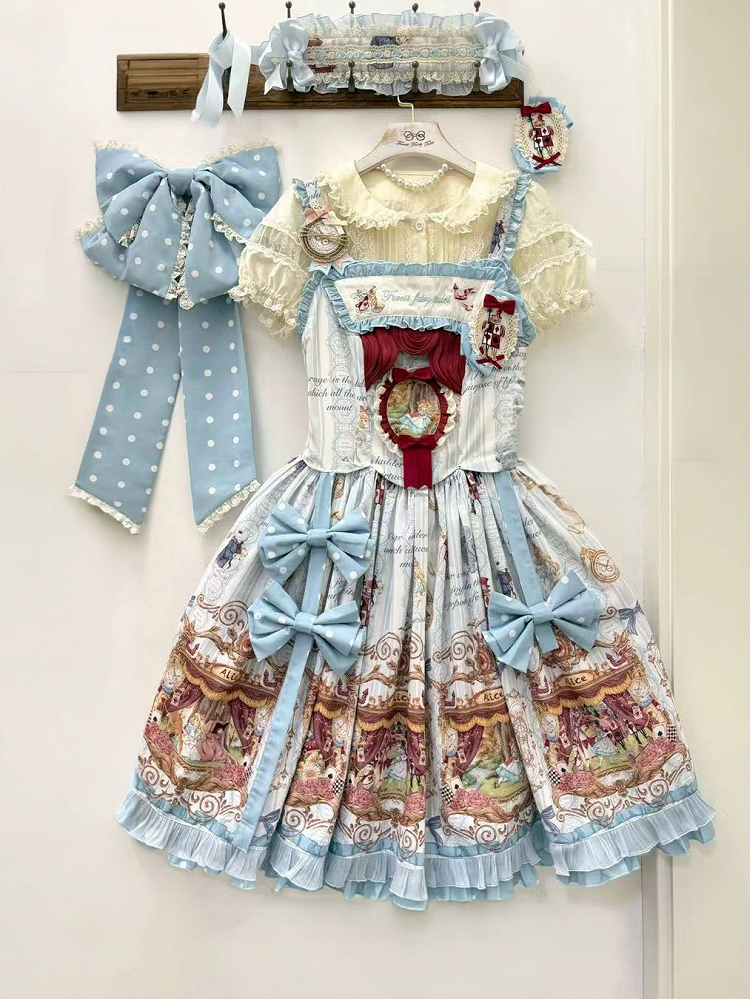 Alice in Wonderland Style Azure Sweet Skirt with Detachable Bow Ribbons - Forest Fairy Tales