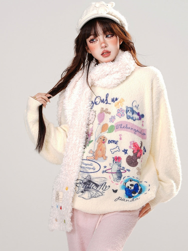 Apricot/Pink Cute Animal Patterns Mohair Loose Sweater