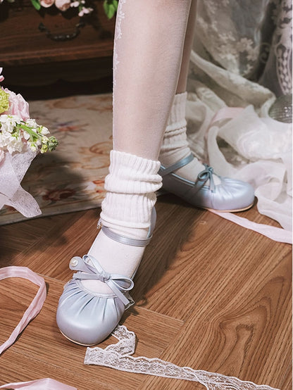 Blue Sweet - Toe Mary Janes Knotted Low-heel Buckle Top Heart Lolita Rhinestone at Bow Round