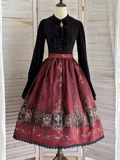 Lolita Print Gothic Candelabras Lace with Trim Red Wings Skirt Bat