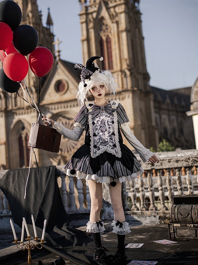 Lolita Panel OP Juliette + Belt Clowncore Stripes Bow Waist Dress Black - Sleeves KC Printed Detachable Set