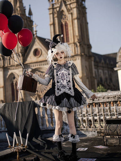 Lolita Panel OP Juliette + Belt Clowncore Stripes Bow Waist Dress Black - Sleeves KC Printed Detachable Set