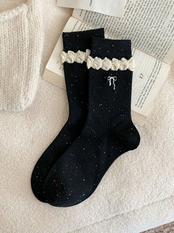 Black Cute Bowknot Embroidered Ruffled Cuff Calf Socks