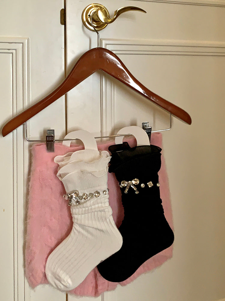 ホワイトブラックラインストーンリボン付きカーフソックス