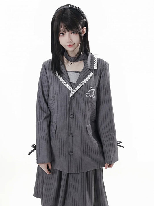 Gray Blazer Aesthetic with Striped - Preppy Bowknot Embroidery Timeless Fit Oversized