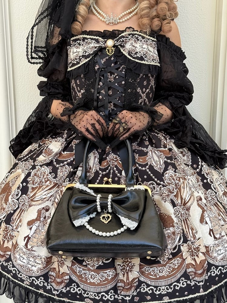 Onyx Pearl and Bow Embellished Lolita Purse - Sheep Puff Bag