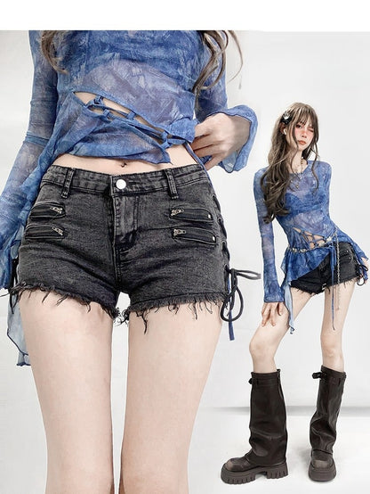 Glamorous – Schwarze Shorts mit Schnürung, Denim, Bittersweet Hem Raw