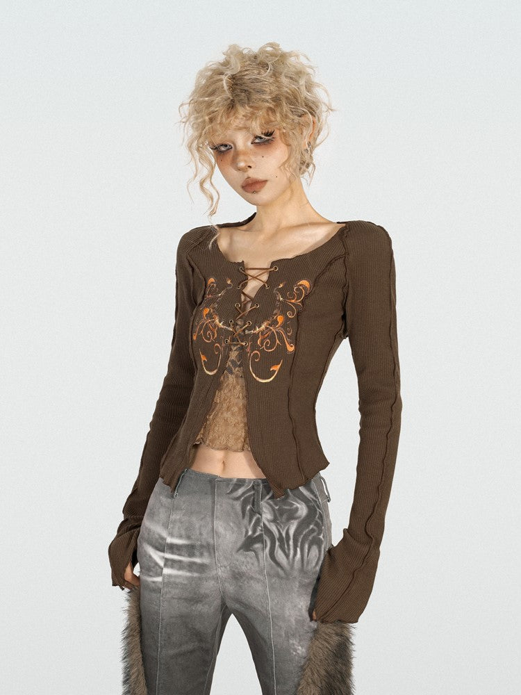 Vintage Top Patch Knit Front Coffee with Crossover Butterfly Off-Shoulder Lace-Up