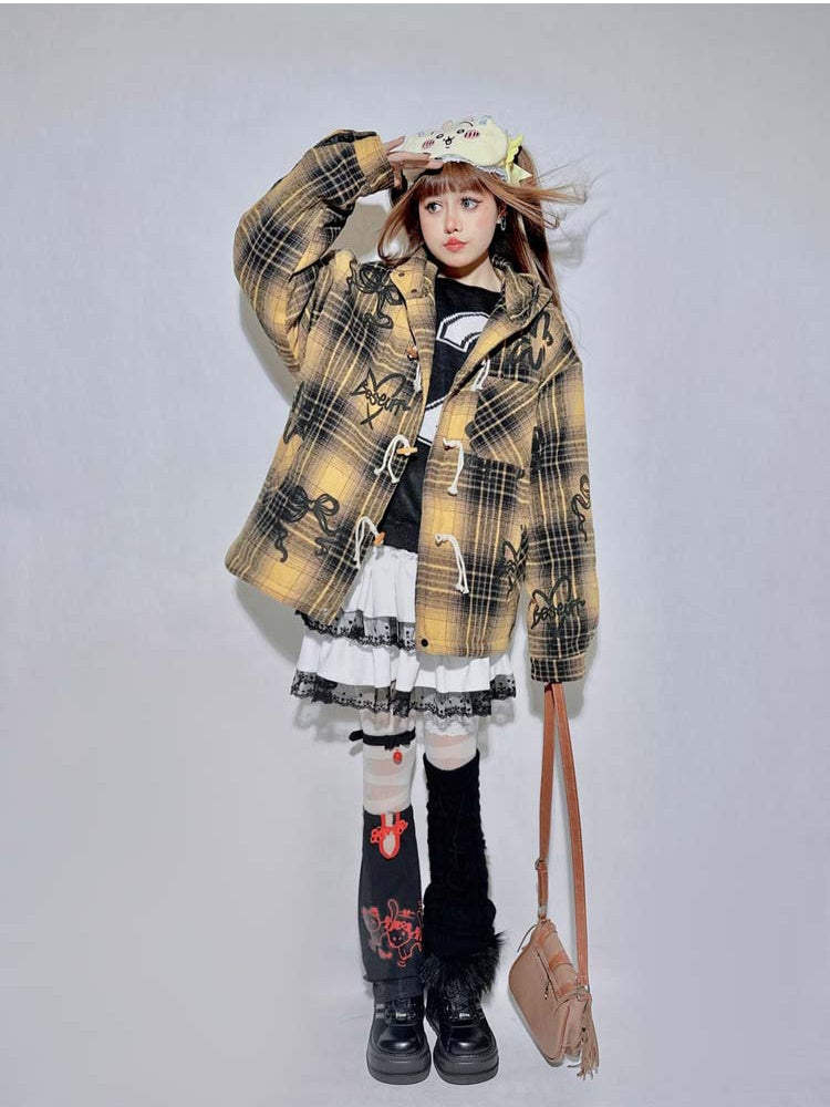 Yellow and Brown Plaid Print Bow Hooded Duffle Coat