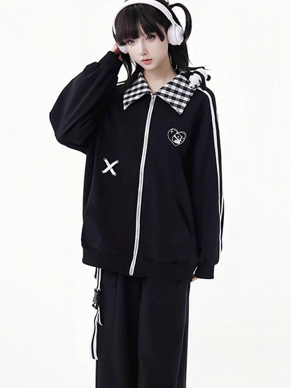 White/Black Heart Panda Embroidered Plaid Pattern Collar Jacket With A Panda Plushie