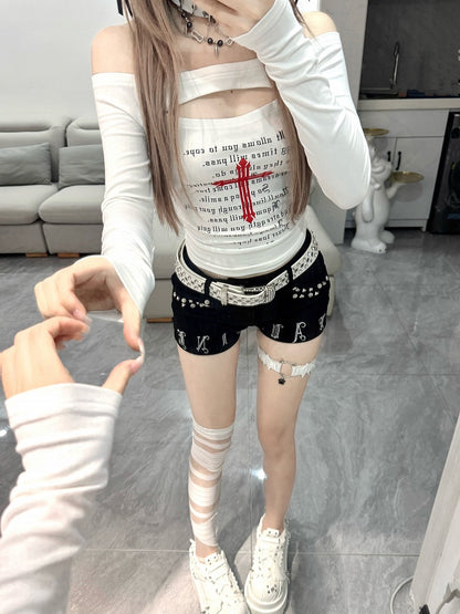 Red with White Print Bold Top Style Front Subculture Cutout Off-Shoulder | Cross