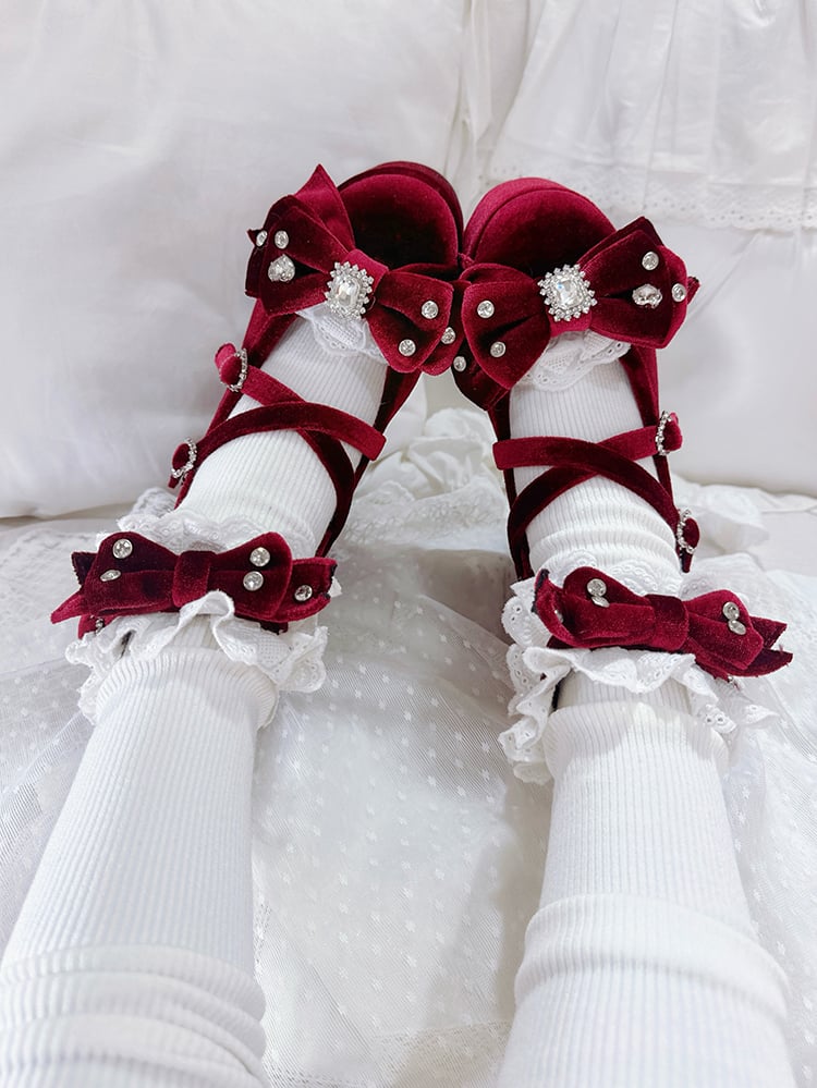 レッドジライジェーンズオールドメアリーワイン系ロリータボウベルベットハイヒールブロックアクセントスクール