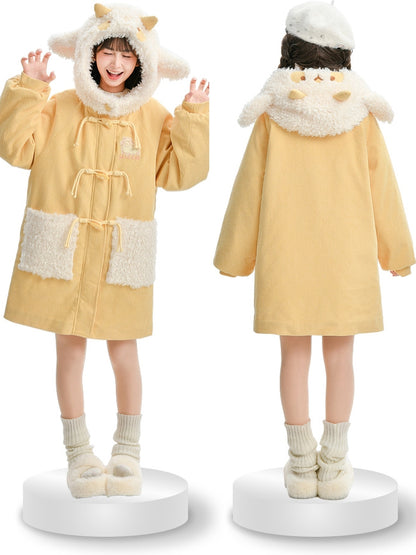 Milchgelber süßer Cord-Dufflecoat mit Lammkapuze