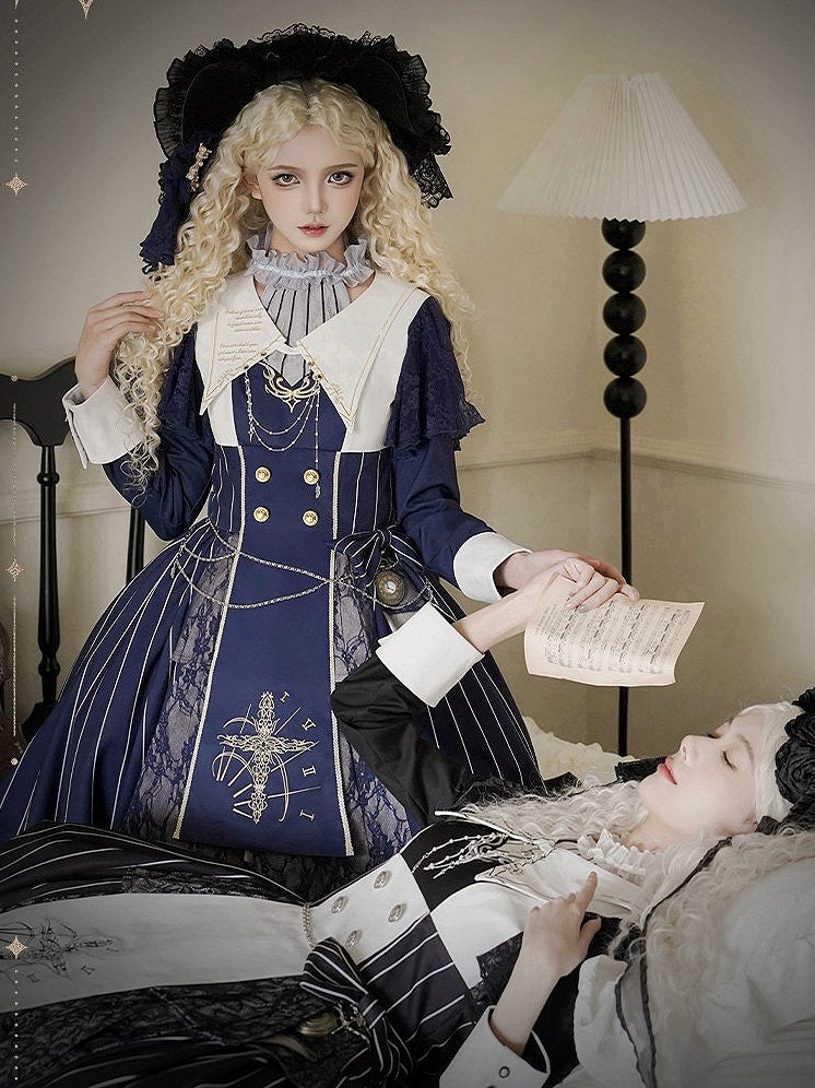 Embroidery+Waist Cross Lolita Watch Dress Full Collar Blue White Nun Chain+Pocket Chain+Detachable Striped Belt+Waist Set with Dark