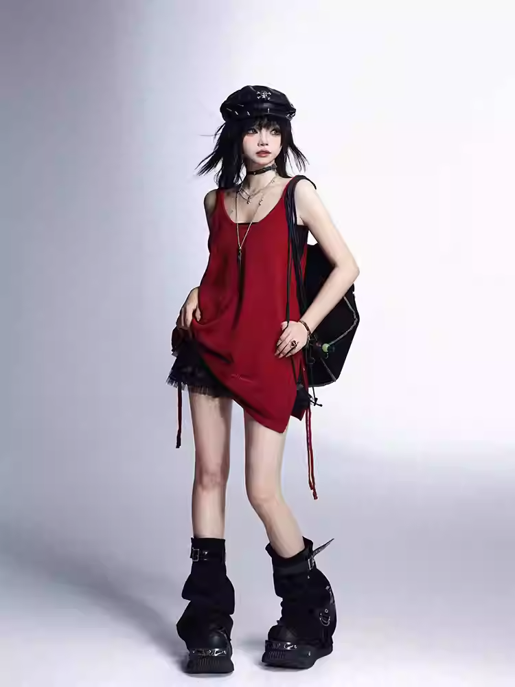 ビスチェタンクトップ ブラック グラマラス レッド サイドスリット ヴィンテージ セット トップス付き