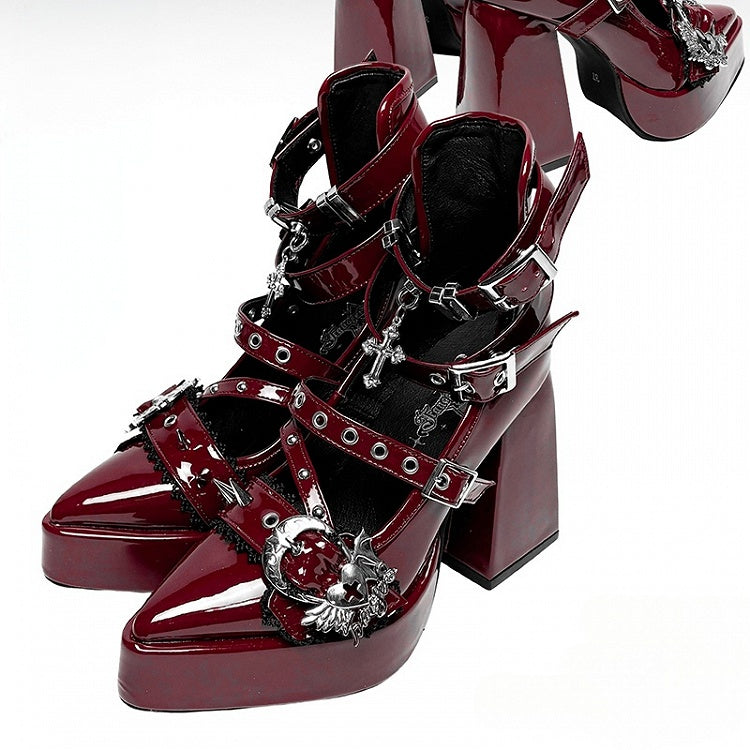 Gothic Wine Red Cross Heart Buckle Straps Stud Platform High Block Heels