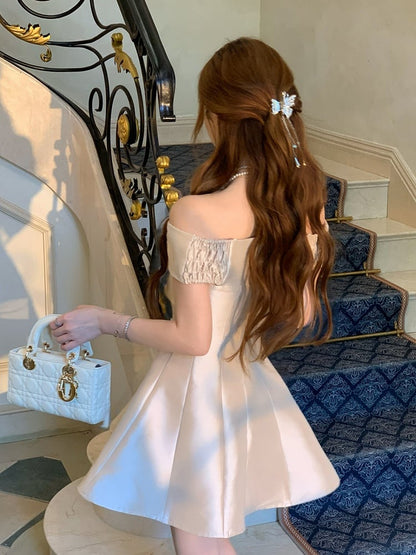 Off-Shoulder Straps Dress Elegant Thigh-length Detail Detachable with Bow