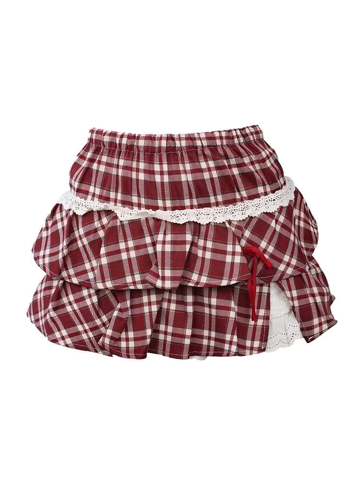- Skirt Plaid Tiered Kawaii Classic Style Red