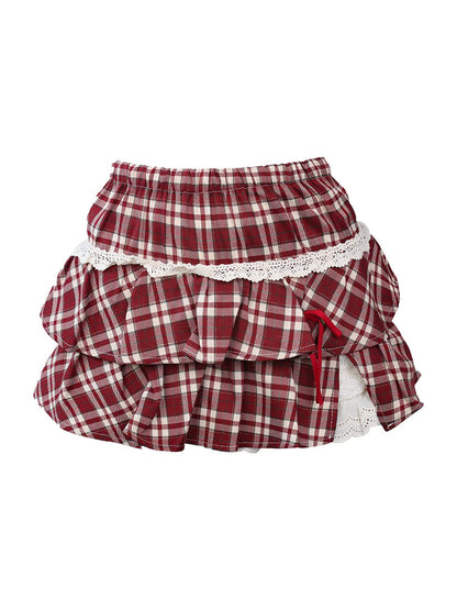 - Skirt Plaid Tiered Kawaii Classic Style Red
