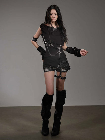 Dark Punk Black Asymmetric Cowl Neck Hooded Top - Blazed Field