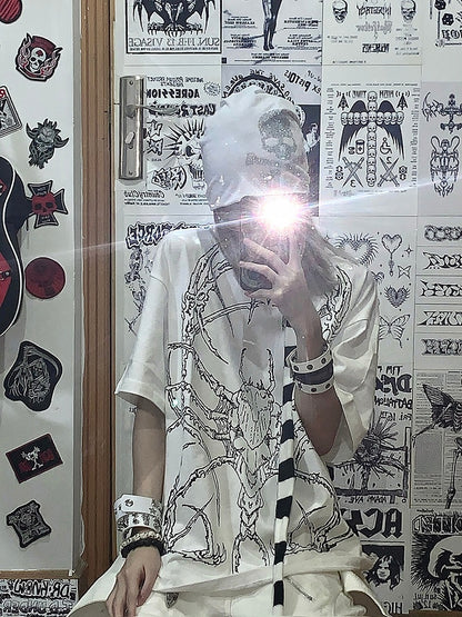Gothic White T-Shirt Print Beetle with Bone
