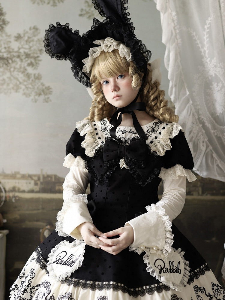 Rabbit Detachable Sleeves Pattern Dot Sweet + Black Polka with Dress Bonnet Sweetheart Set Appliques Lolita