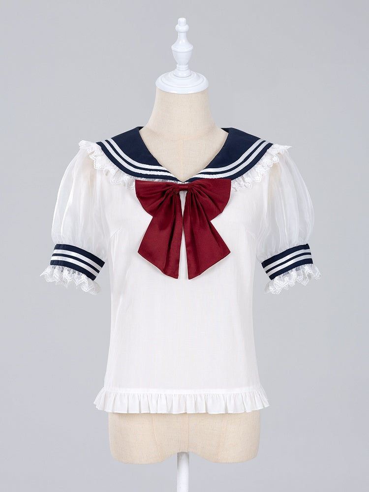 Summer Sailor Collar Short Sleeves Blouse with Red Bowtie - Jirai Kei Snow White Vibes - DevilInspired Exclusive Collection