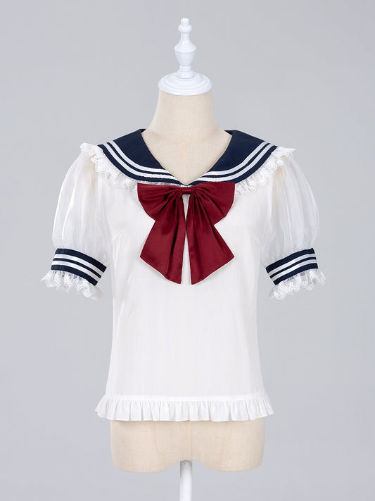 Summer Sailor Collar Short Sleeves Blouse with Red Bowtie - Jirai Kei Snow White Vibes - DevilInspired Exclusive Collection